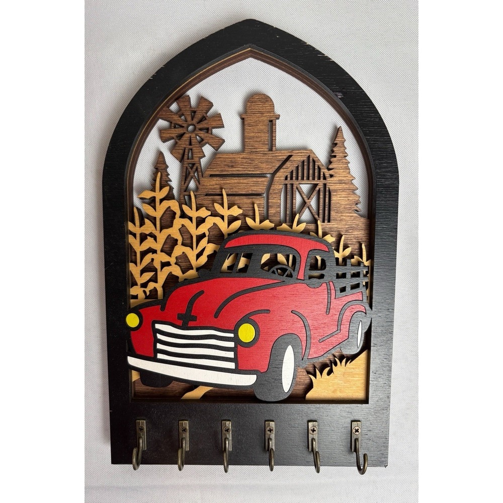 Wooden Wall Key Holder 6 Hooks Red Truck Barn Farm Rustic Cottagecore Farmhouse